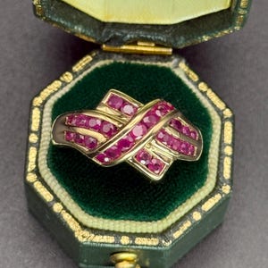 Anillo vintage de oro de 9 quilates con racimo de rubíes, oro macizo, Birmingham, para mujer, espléndido anillo con sello distintivo de Londres, regalo para ella, San Valentín, cumpleaños, boda.