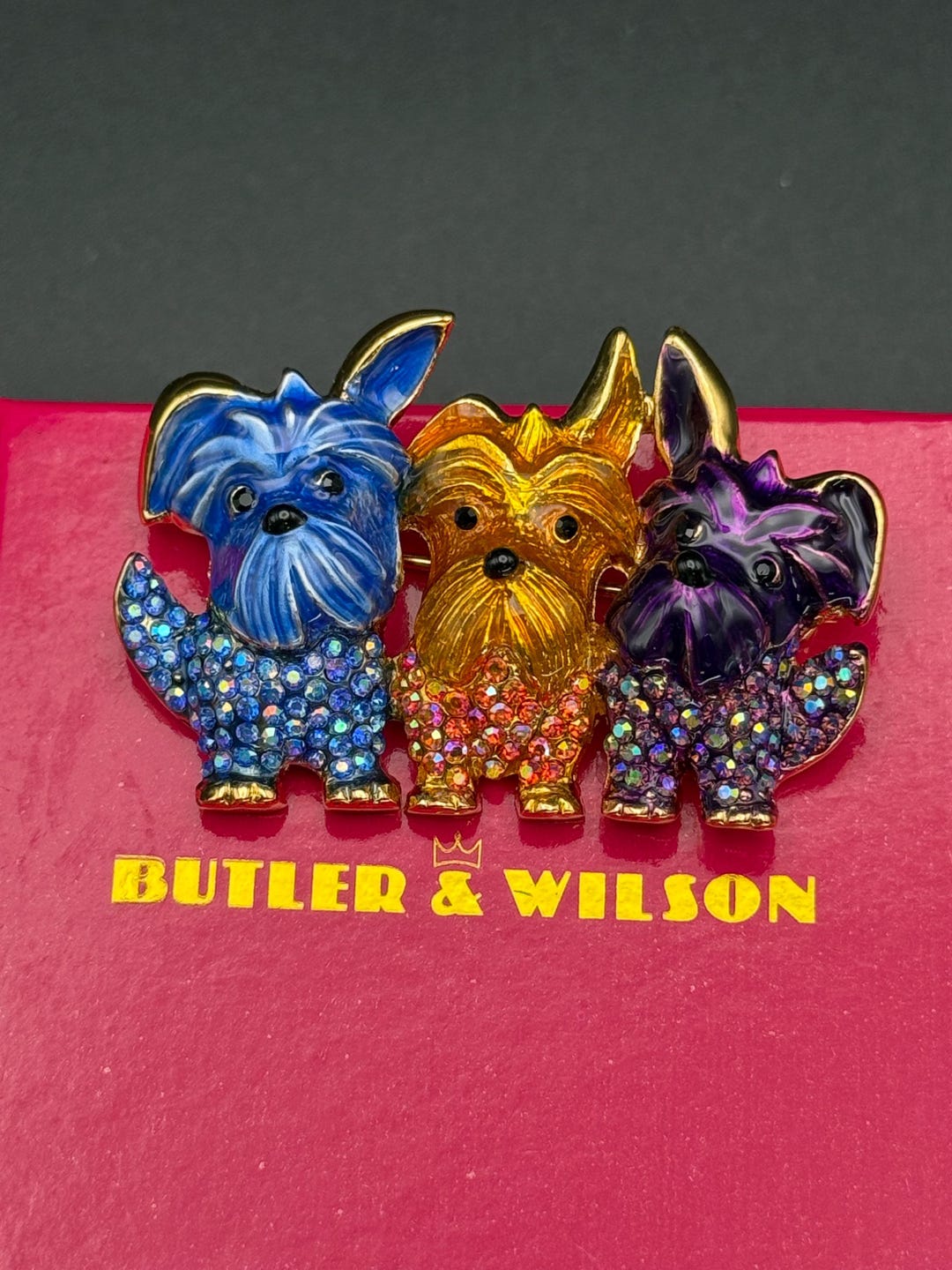 Vintage Butler and Wilson Dogs Brooch, Aurora Borealis Crystals