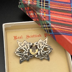 Vintage Celtic Scottish brooch  Silver tone brooch For women Ladies Smoky glass Pin Great condition