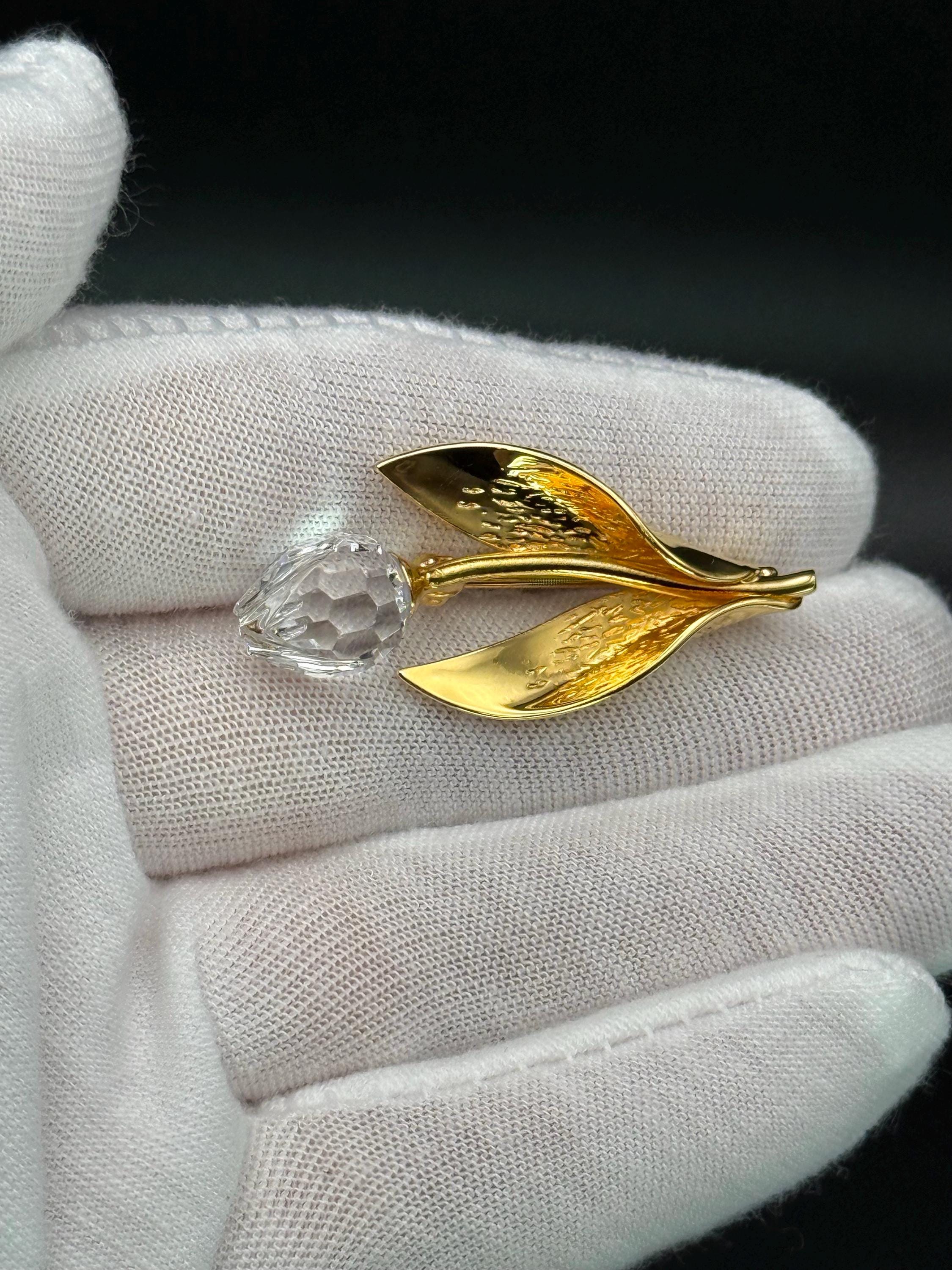 Swarovski Gold Tone Crystal Tulip Brooch Ornate Fine Austrian