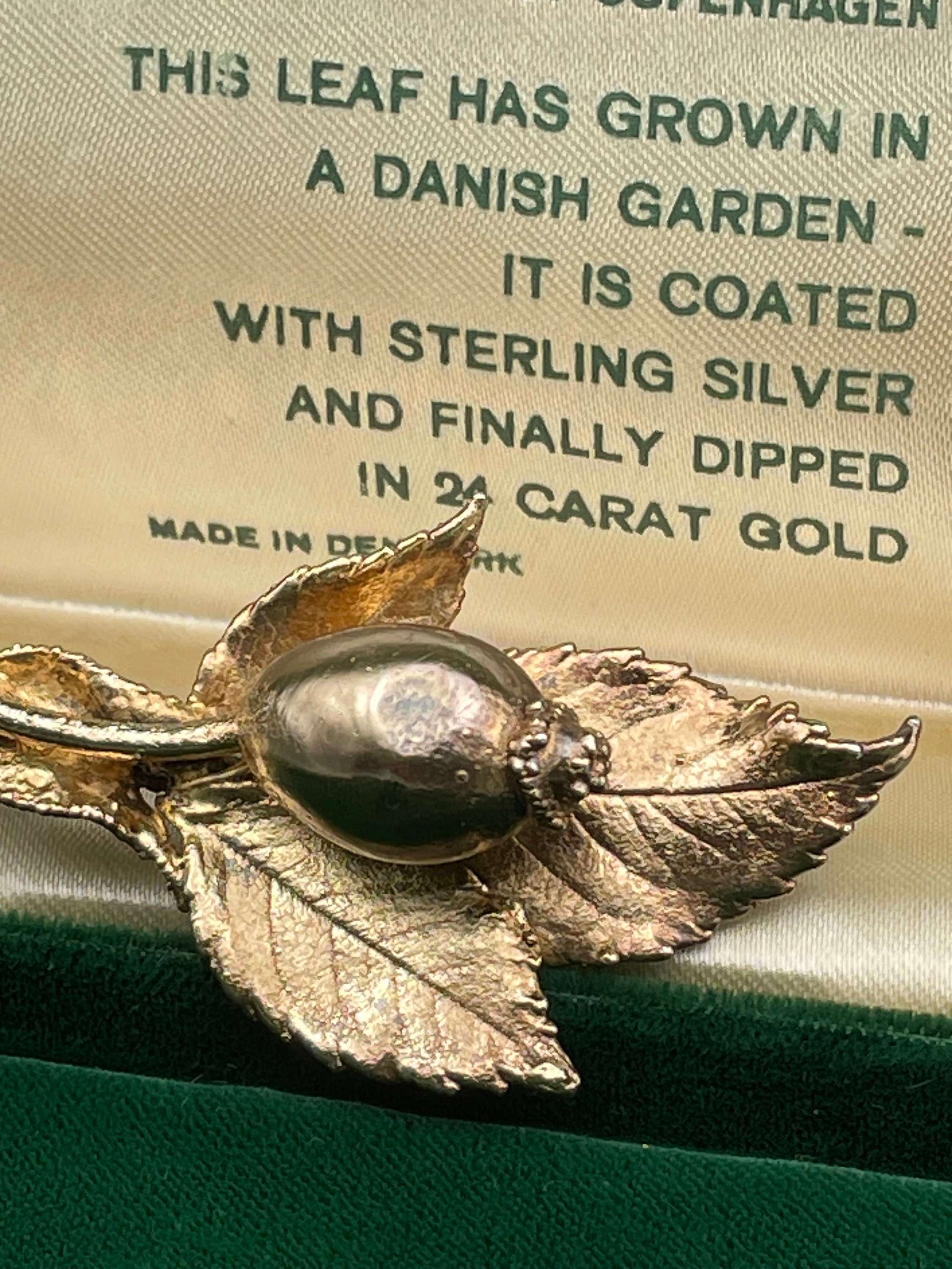 Vintage Flora Danica Rosehip Brooch, 24k Gold Plated Sterling