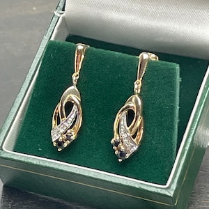 Vintage 9ct Gold earrings Sapphire with Dianonds Solid Gold Studs earrings Drop Dangle Hallmarked London Gift  Birthday Valentine day