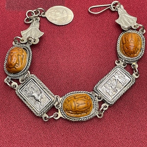 Pulsera vintage de escarabajo con eslabones de plata y gemas de jaspe egipcio vintage para mujer, regalo para su cumpleaños, San Valentín y Navidad