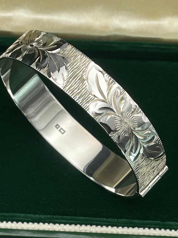 Vintage Sterling Silver Hinged Bangle Bracelet, Engraved Floral