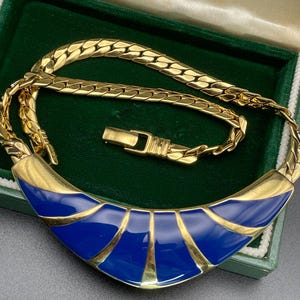 Vintage Statement Bar Chocker Enamelled necklace Bib choker Blue enamel Large Heavy Attractive Women