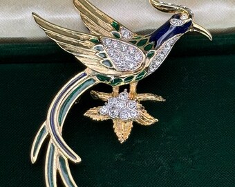 Broche Vintage Oiseau Poussin – Signée Gerry’s – Strass Vert Sur Métal Doré – Occasion