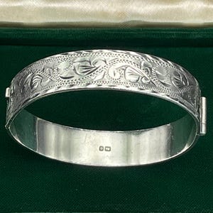 Bracelet jonc vintage en argent massif gravé avec charnière Birmingham pour femme Cadeau pour elle Cadeau pour femme