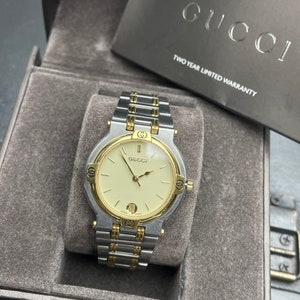Vintage Gucci Men Wrist watch Rare Gold plated Stainless steel Large! Dial Water Resistant Boxed Guarantee book