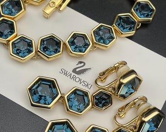 Vintage Swarovski Jewelry Set Gold Plated Bracelet & Clip-On Earrings Fine Austrian jewellery Hallmarked