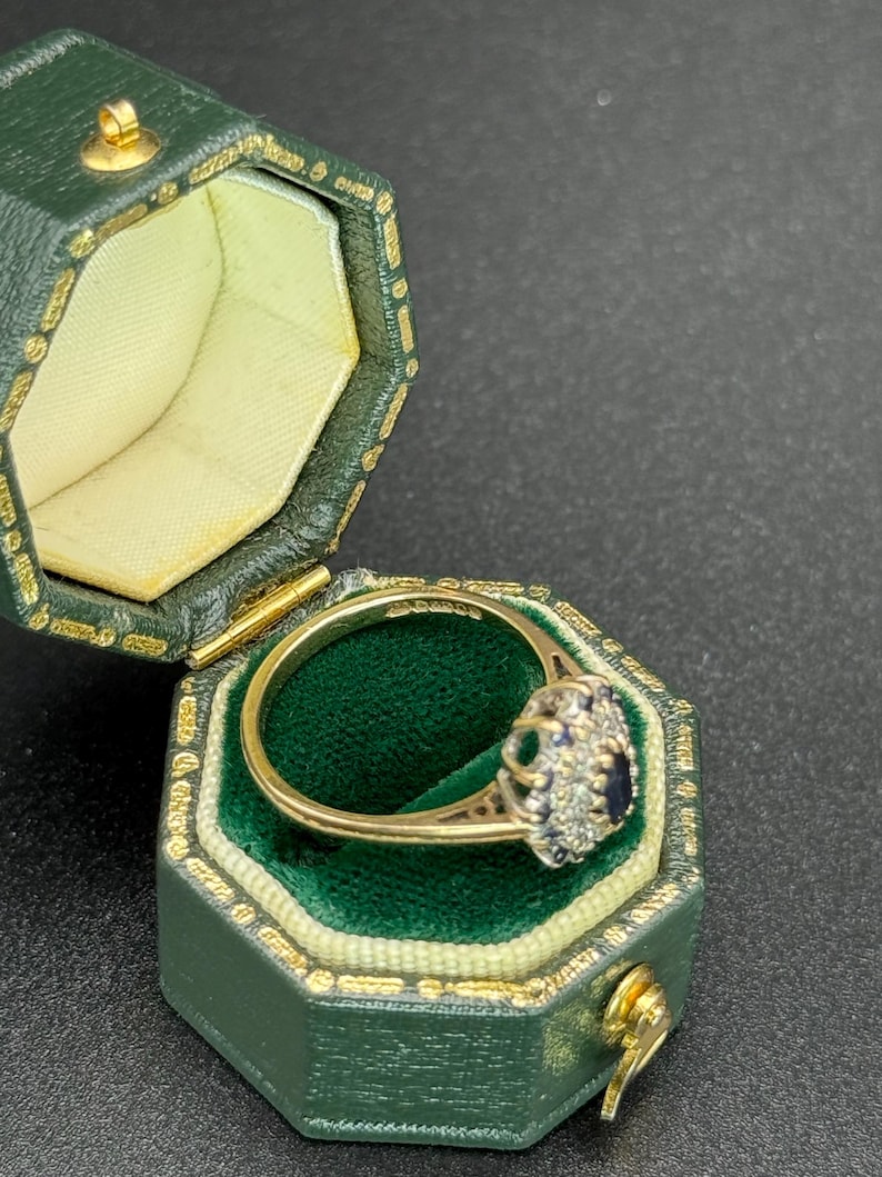 Vintage 9ct Gold Sapphire and Diamond Cluster Ring, London Hallmarked 375 Solid Gold Ornate image 6