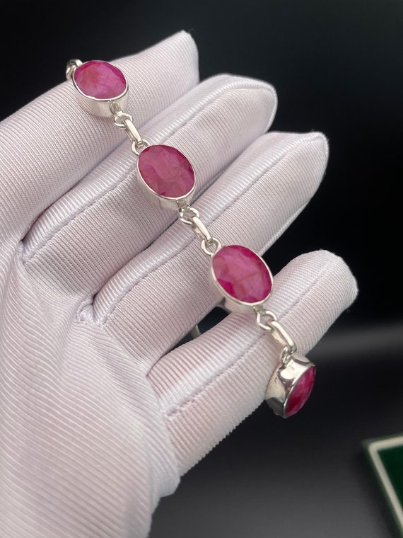 Vintage Ruby Paste Gemstone Bracelet, Sterling Si… - image 4