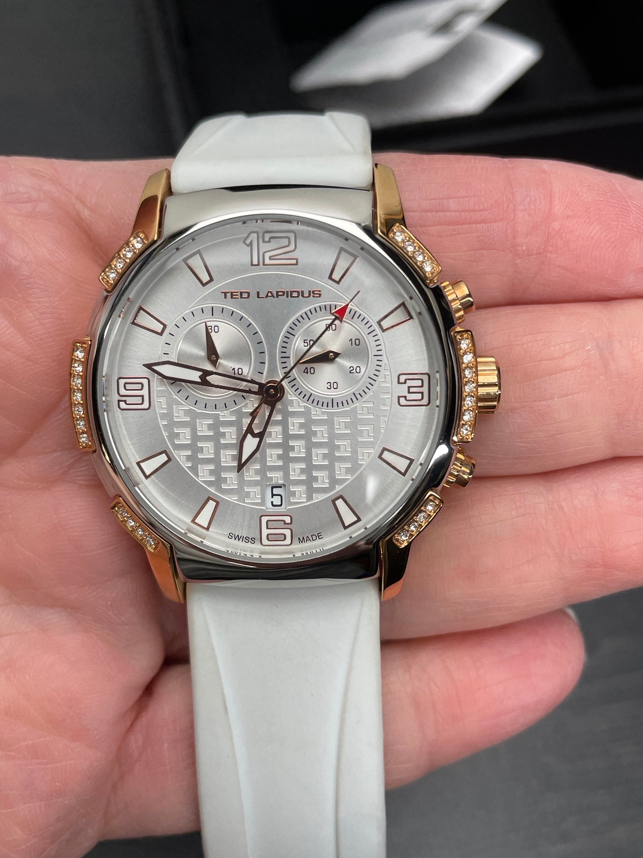 Vintage Ted Lapidus Ladies Watch, Gold Plated Bezel, White Leather