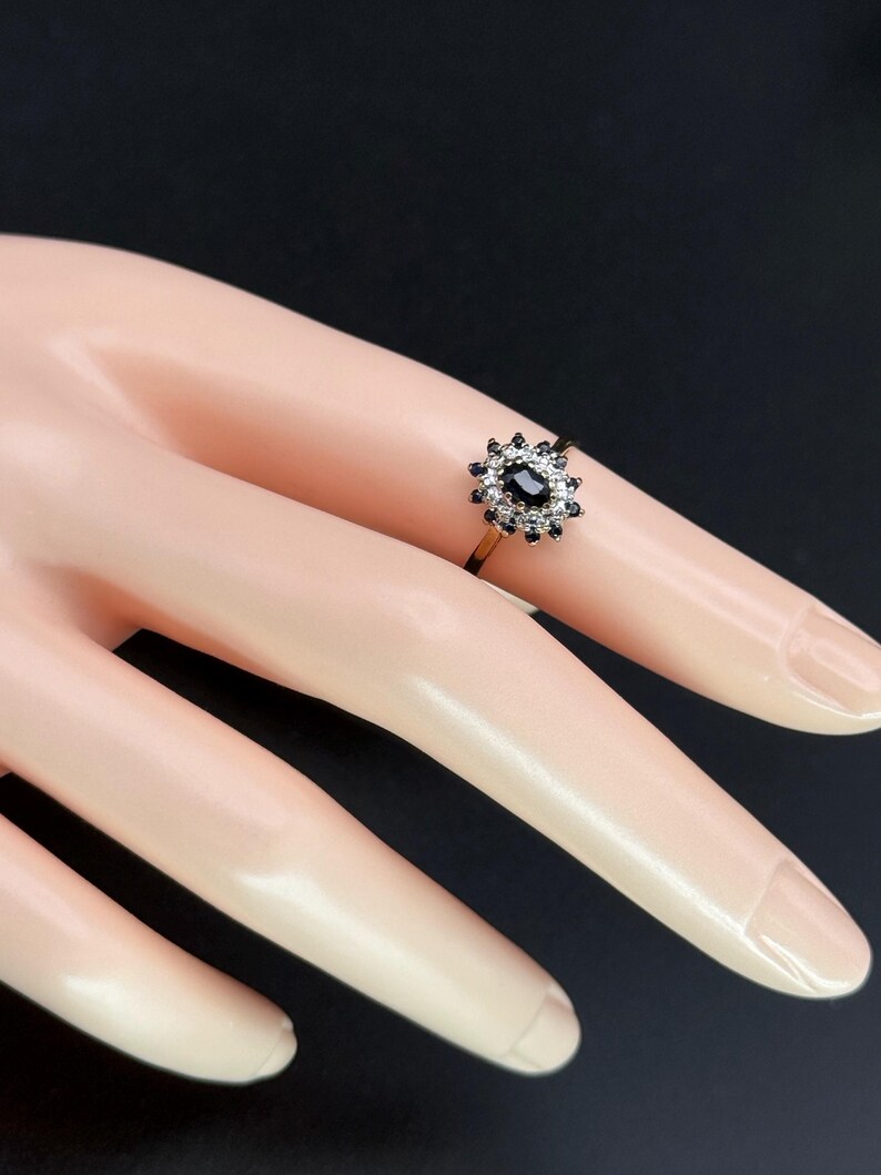 Vintage 9ct Gold Sapphire and Diamond Cluster Ring, London Hallmarked 375 Solid Gold Ornate image 7