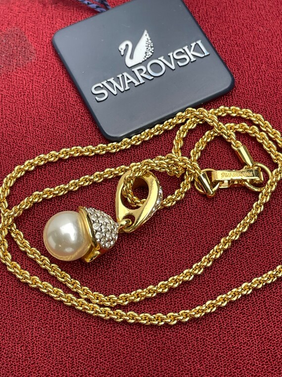 Vintage Swarovski necklace Pearl pendant Signed Gold plated Fine Austrian crystal Paste Boxed in original box Certificate