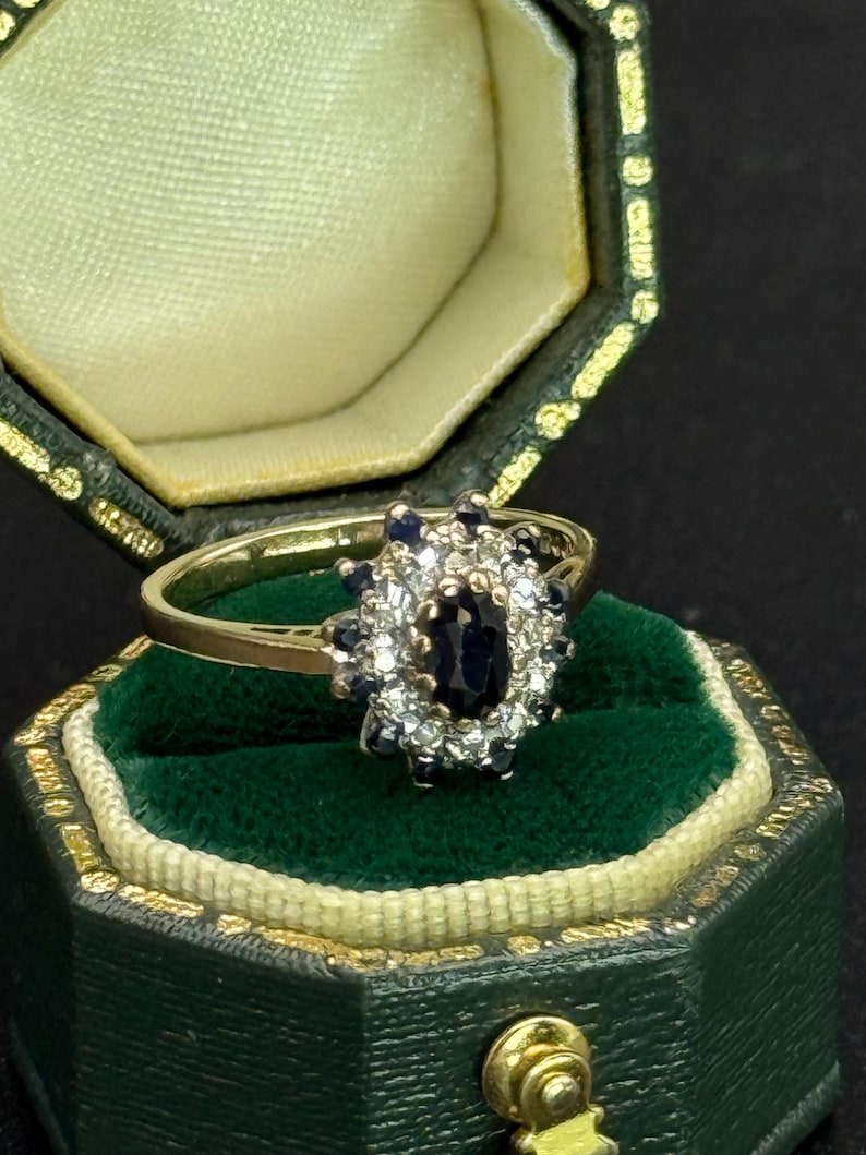 Vintage 9ct Gold Sapphire and Diamond Cluster Ring, London Hallmarked 375 Solid Gold Ornate image 3