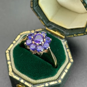 Vintage 9ct Gold ring Blue and Rose Sapphire gems Ornate Solid Gold Hallmarked Birmingham Cluster Coctail Dress Women Valentines Birthday