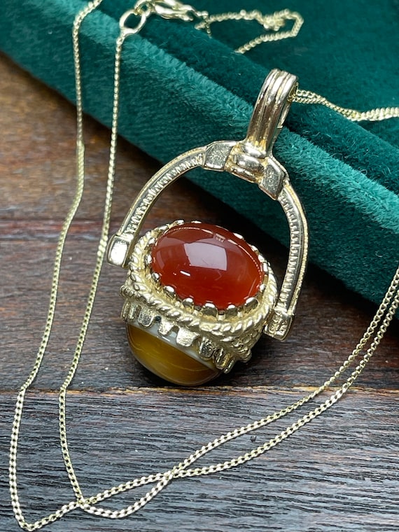 Vintage 9ct Gold Spinning Fob Pendant, Carnelian, Tiger Eye, Opal
