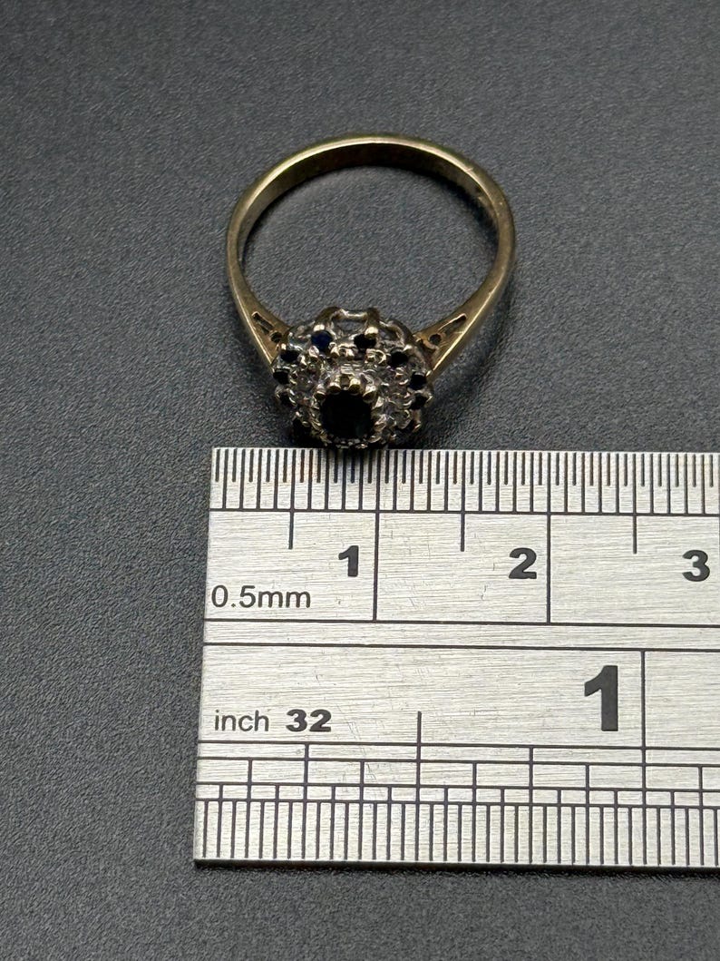 Vintage 9ct Gold Sapphire and Diamond Cluster Ring, London Hallmarked 375 Solid Gold Ornate image 8