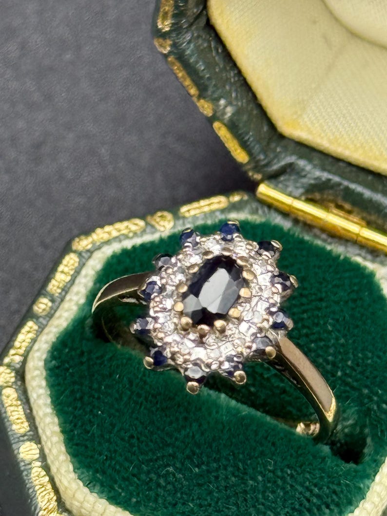 Vintage 9ct Gold Sapphire and Diamond Cluster Ring, London Hallmarked 375 Solid Gold Ornate image 2