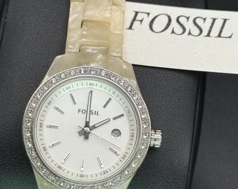 Vintage Fossil Rhinestone Watch, White Dial Plastic Bracelet