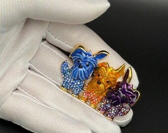 Vintage Butler and Wilson Dogs Brooch, Aurora Borealis Crystals