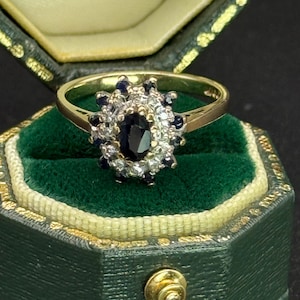 Vintage 9ct Gold Sapphire and Diamond Cluster Ring, London Hallmarked 375 Solid Gold Ornate image 1