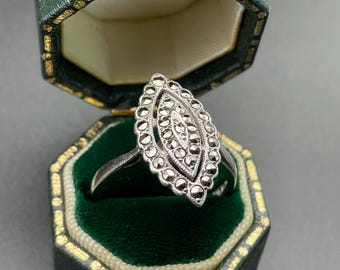 Vintage Marcasite Cocktail Ring, Sterling Silver, Statement Jewelry, Size 7