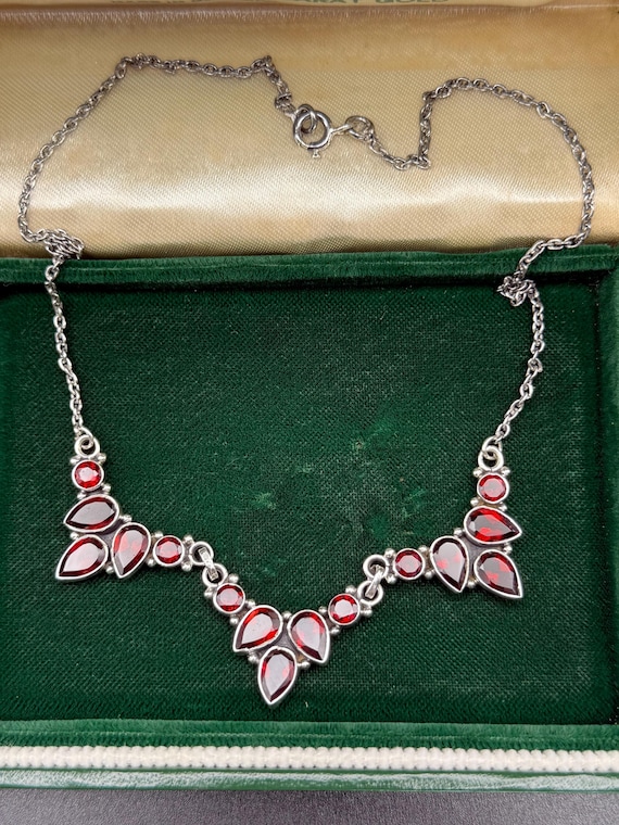 Vintage Garnet gemstones Solid Silver Necklace Wo… - image 1