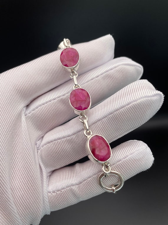 Vintage Ruby Paste Gemstone Bracelet, Sterling Si… - image 7