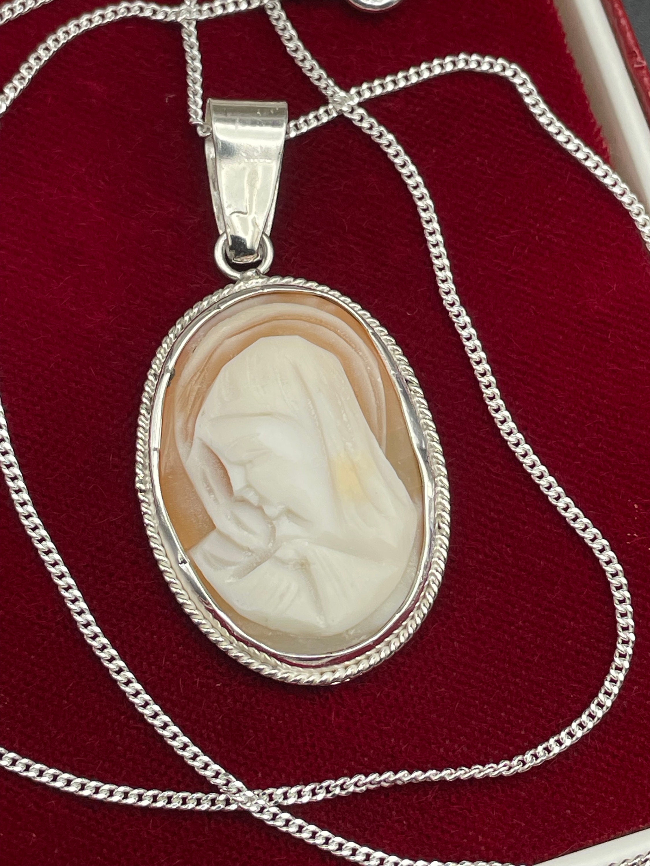 Pendentif Camée Ancien En Argent 925 Et Nacre - Collier Vintage, Occasion, Thème Beauté