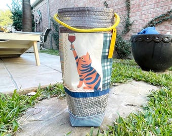 Cat and wine tote -recycled sails