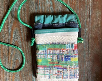 Recycled Sail and waxed denim phone pouch