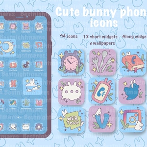 Más de 90 íconos + widgets + fondos de pantalla de Cute Bunny Phone (iOS/Android)