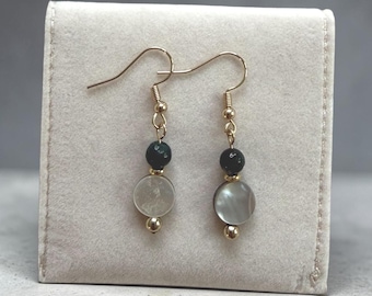 Blue & Mother of Pearl Dangle Earrings | Minimalist Gold Beaded Earrings | Handmade Everyday Jewelry
