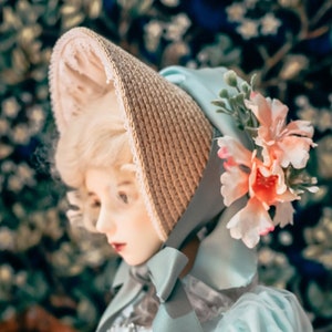 BJD 1/3 Regency Victorian Straw Hat Bonnet Ribbon with Silk Floral for Ball Jointed Doll