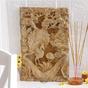 Escultura de pared en relieve tallada en madera 3D hecha a mano &quot;Paraíso de los grandes pavos reales&quot;, colgante de pared de decoración del hogar tallado a mano, panel de arte de pared de madera