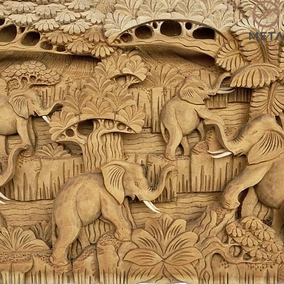 Hand Carved Balinese Wood Relief, Wall Mural Trip of Elephant Family – Meta  Wood