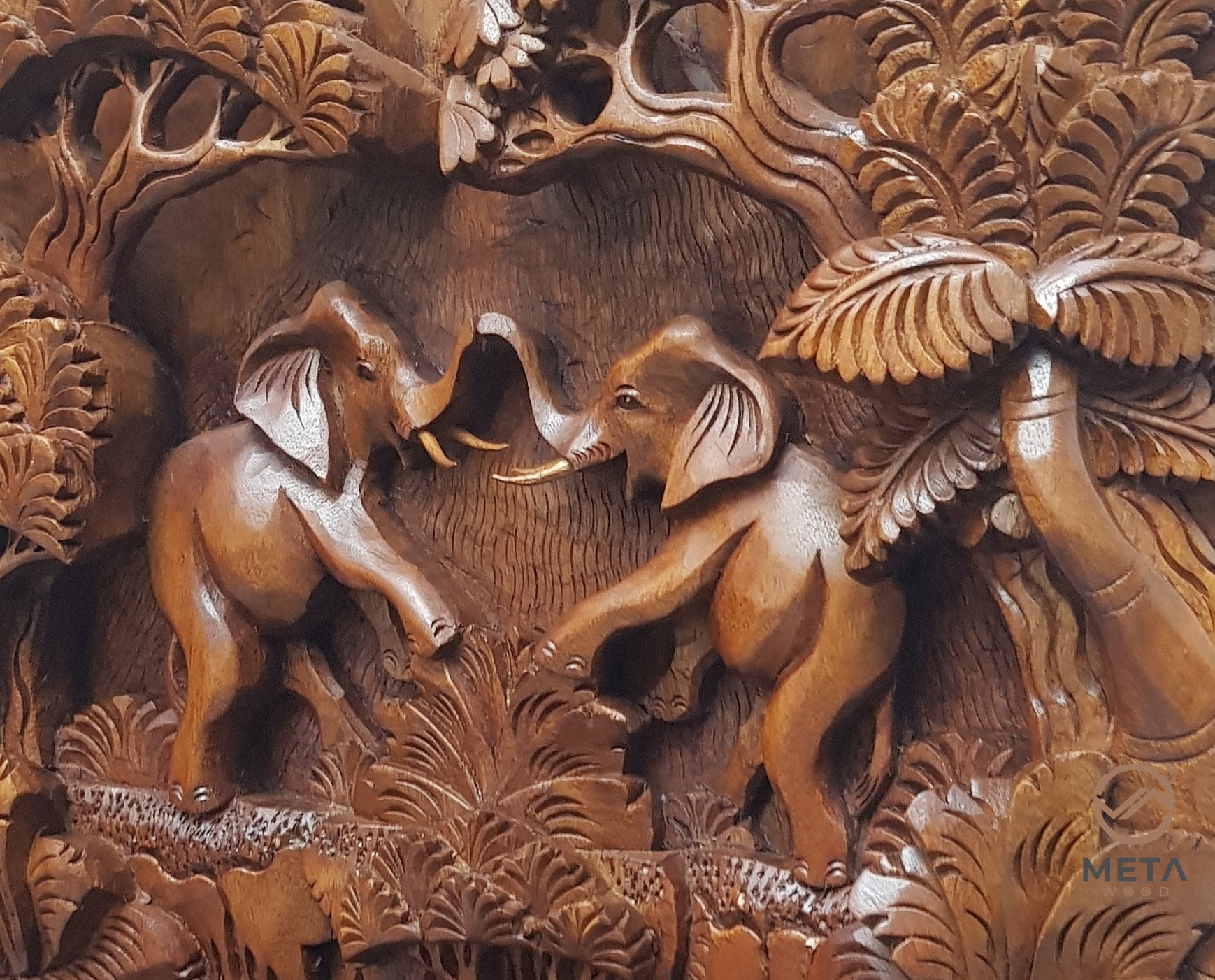 Hand Carved Balinese Wood Relief, Wall Mural Trip of Elephant