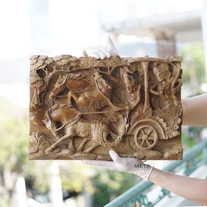 Handmade 3D Wood Carving Relief Sculpture &quot;Mahabharata Chariot&quot;, Hand-carved Home Decor Wall Hanging, Wood Wall Art Panel