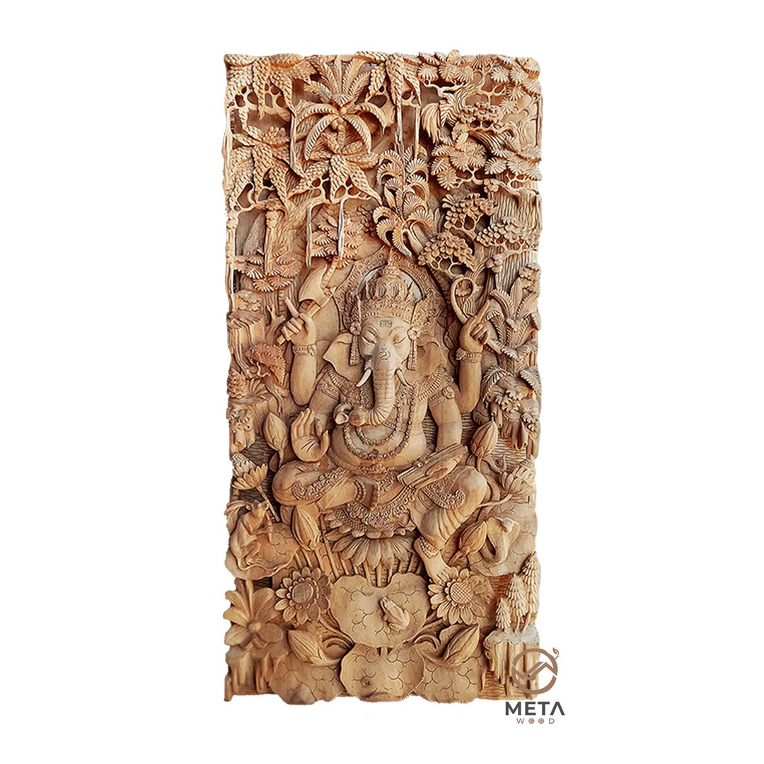 Handmade 3D Wood Carving Relief Sculpture lord Ganesha, 39 Inch Handcarved Home Decor Wall