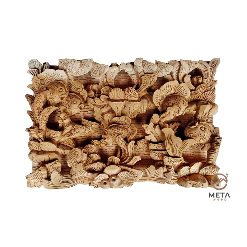 Handmade 3D Wood Carving Relief Sculpture bali Marine Life, Handcarved Home Decor Wall Hanging
