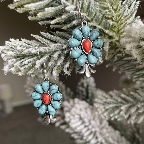 western turquoise and coral earrings, squash blossom earrings, large silver dangle earrings, Native American western dangle earrings,