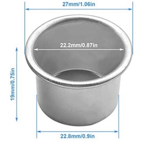 May include: A silver metal baking mold with measurements in inches. The mold is 0.87 inches in diameter and 0.75 inches tall. The mold is 0.9 inches wide.