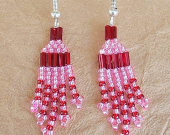 Delicate, handmade, beaded, short, 5 strand fringed dangle pierced earrings in your choice of Red-Pink, Red-Brass, Pink-Red, White-Red