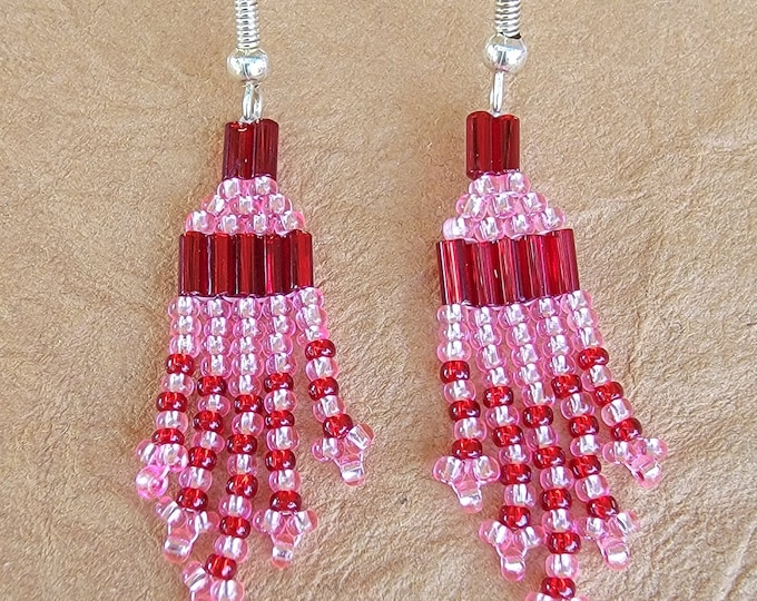 Delicate, handmade, beaded, short, 5 strand fringed dangle pierced earrings in your choice of Red-Pink, Red-Brass, Pink-Red, White-Red