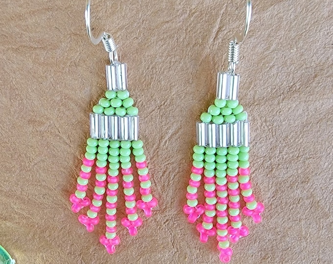 Bright, fun, small fringe, handmade, beaded, dangle earrings in hot pink with your choice of brown, black, grey, or lime green accents.