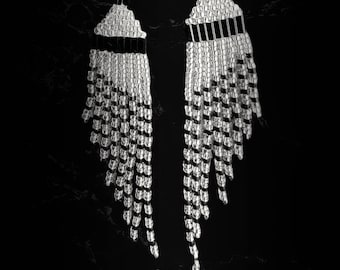 Sparkling, Elegant, Silver and Black, 4" long, wing shaped, fringed, handmade, beaded earrings for pierced ears. Perfect for any date night