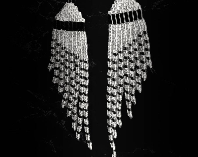Sparkling, Elegant, Silver and Black, 4" long, wing shaped, fringed, handmade, beaded earrings for pierced ears. Perfect for any date night
