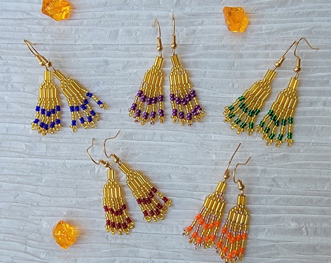 Elegant, handmade, beaded, petite, small fringe earrings in Gold with your choice of accent beads in Green, Blue, Purple, Red and Orange.