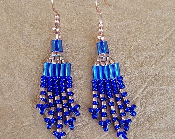 Sparking small fringe, beaded dangle earrings for pierced ears in a variety of Blues, Golds, and Crystal combinations by Be Dazzled Earrings